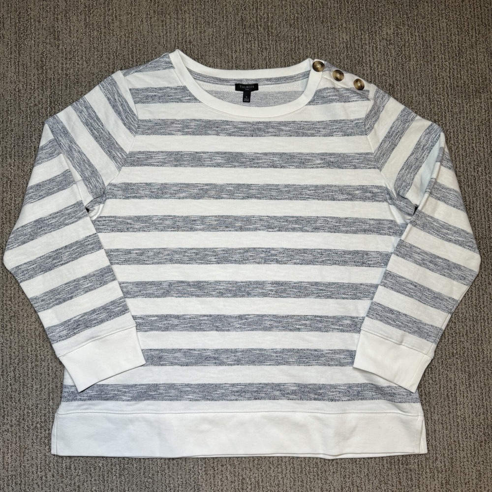Talbots Womens Plus X Sweatshirt Sweater Long Sleeve Cotton Grey White Stripe